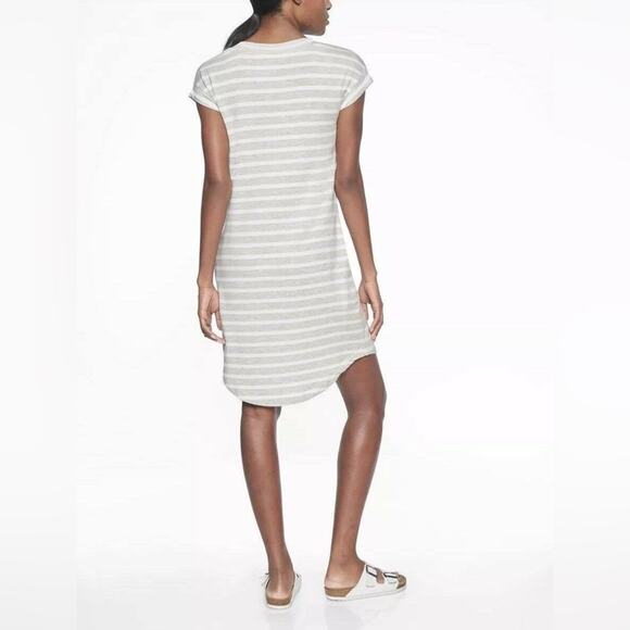 Athleta Casual Knit Mini Dress Short Sleeves V-Neck Stripes Gray White XS - Picture 13 of 14